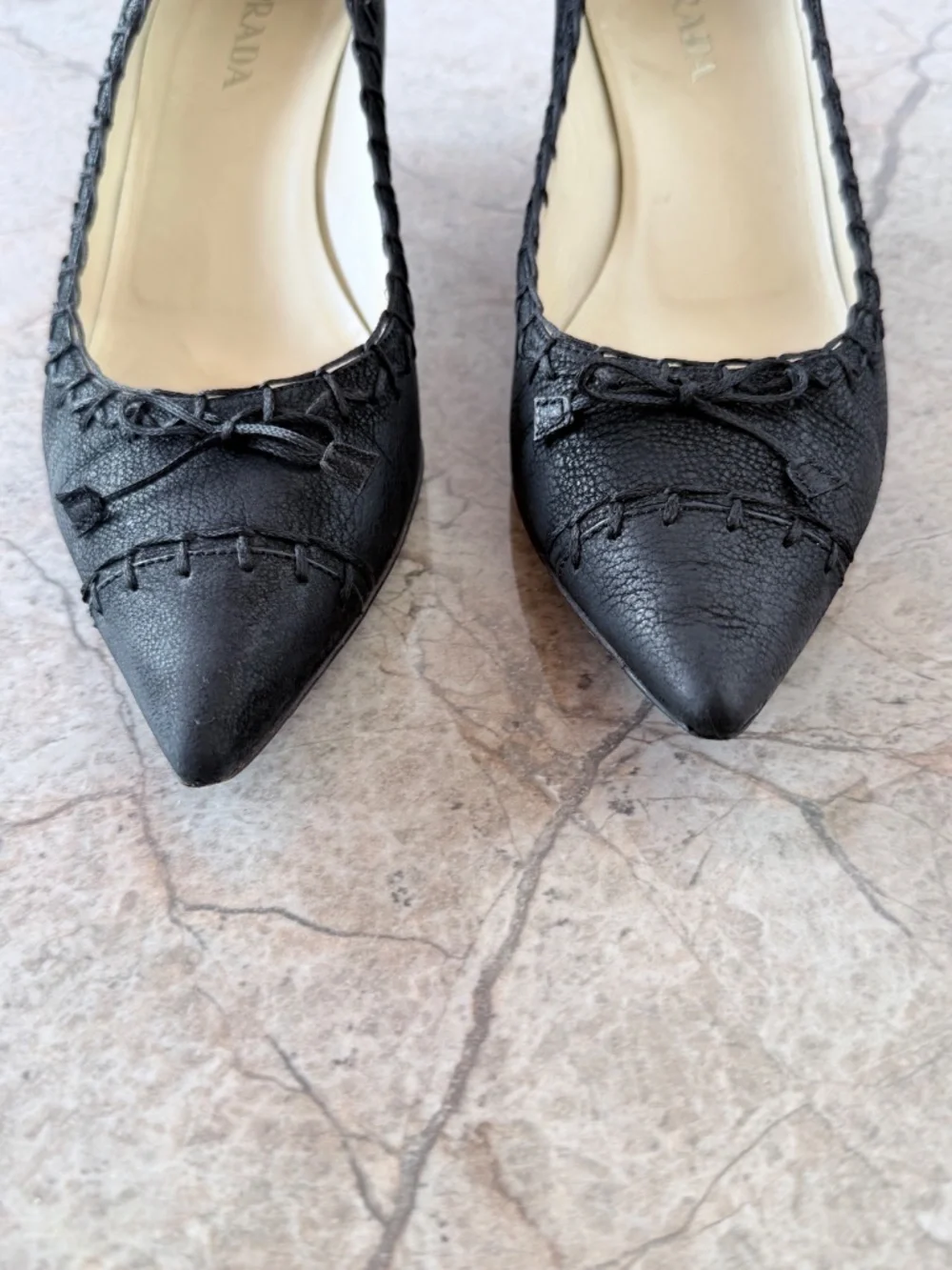 Prada Archival S/S 2003 Black Suede Whipstitch Bow Pointed Toe Kitten Heels